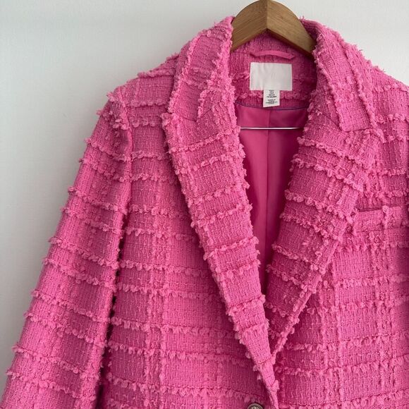 H&M Tweed Jacket Womens Small Pink Textured Weave Boucle Blazer Parisian Barbie - Picture 2 of 13